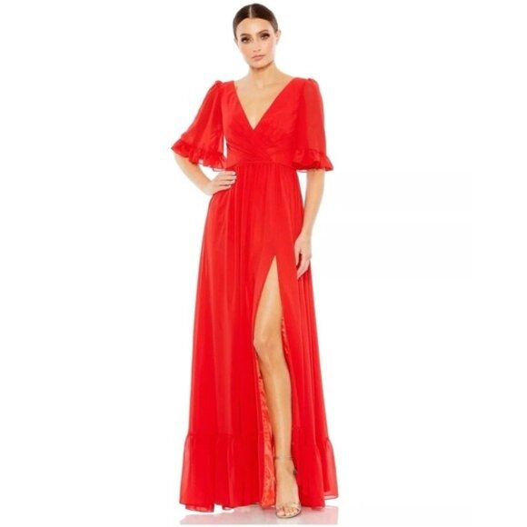 NWT‎ IEENA MAC DUGGAL Faux Wrap Ruffle Trim A Line Gown Red Size 8 Style 55867 - Picture 1 of 13